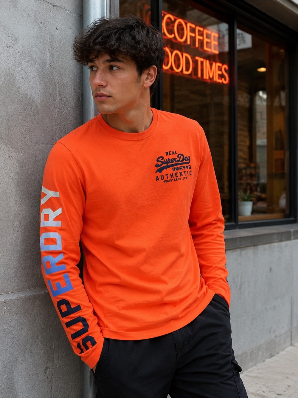 Superdry Authentic Long Sleeve Graphic Shirt Men’s Medium Neon Orange Logo